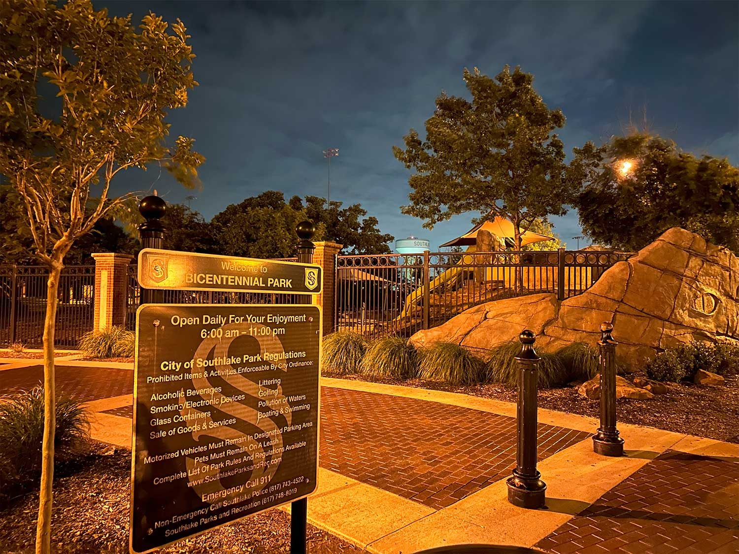 Bicentennial Park in Southlake at Night with Southlake Water Tower in the Background